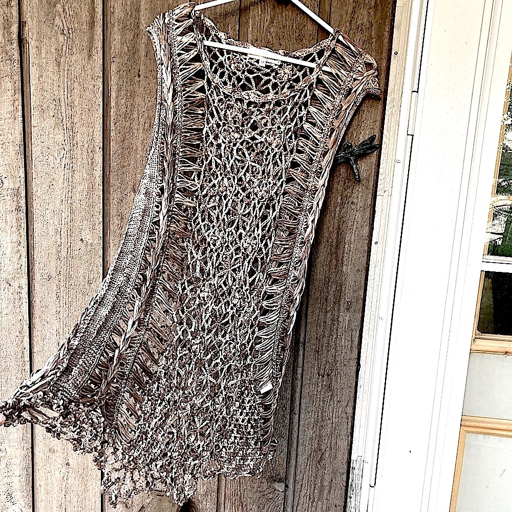 PRETTY ANGEL Swim Coverup Top Tunic Dress Linen Taupe Cream Size Medium